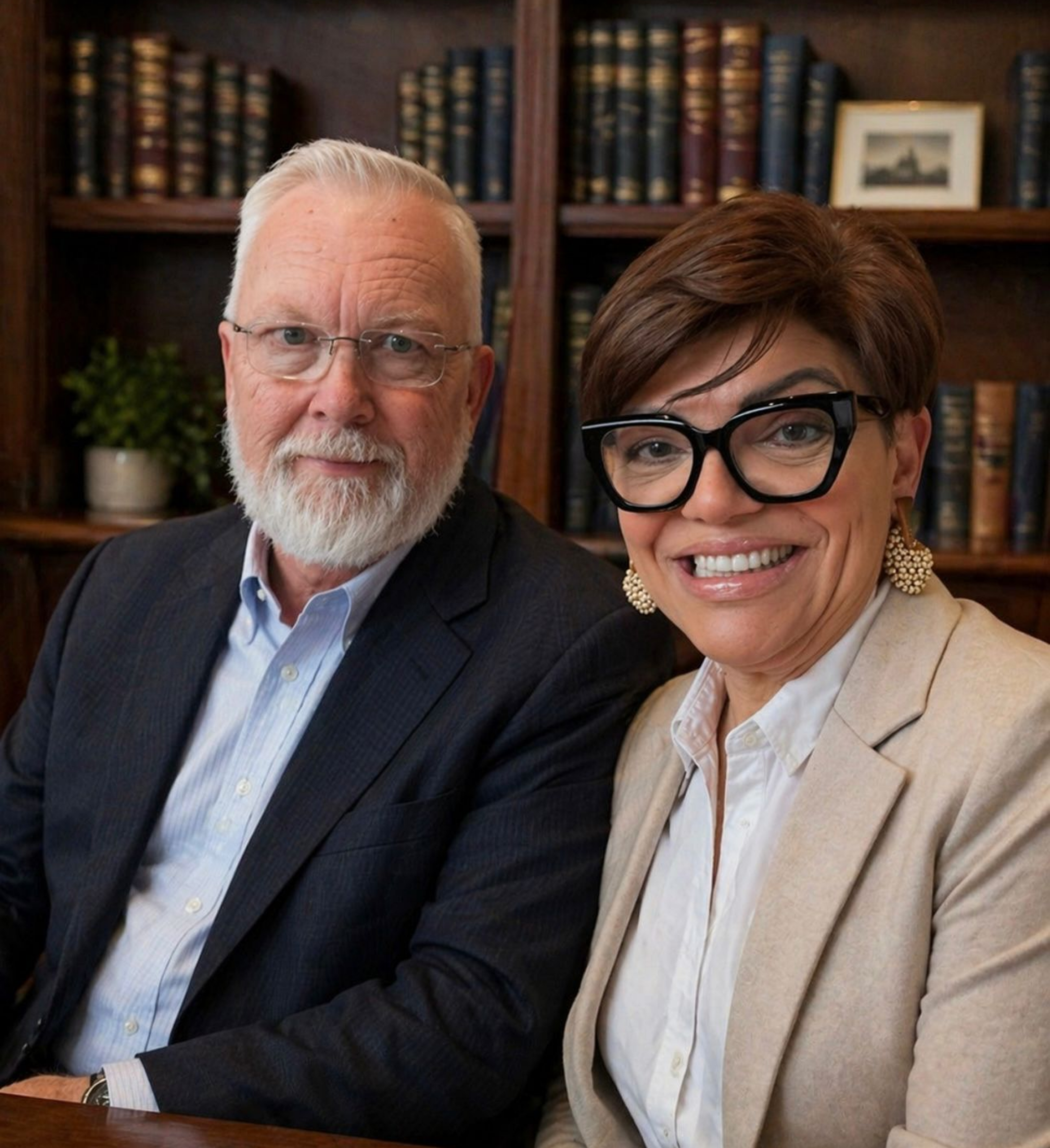 Man and woman seated in front of books